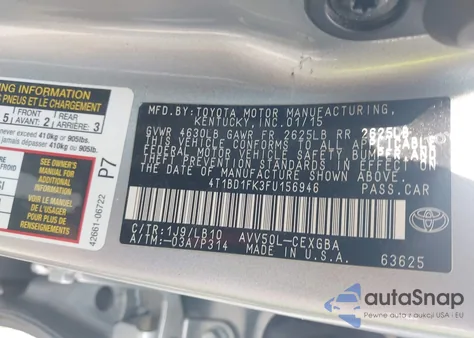 2015 Toyota Camry Hybrid Xle from USA, damaged, VIN 4T1BD1FK3FU156946